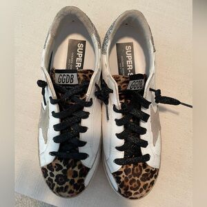 Golden Goose super-star leopard print calf hair, leather, and suede sneakers